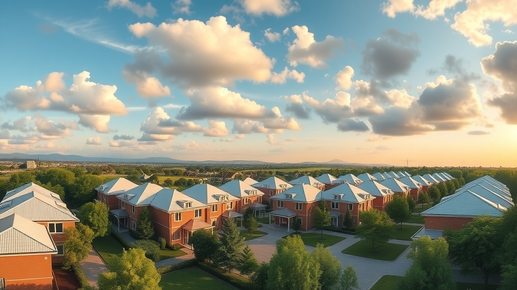 Strata complex with well-maintained roofs and gardens at golden hour lighting.