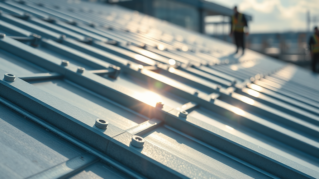 Close-up detail of metal roof installation panels in natural sunlight