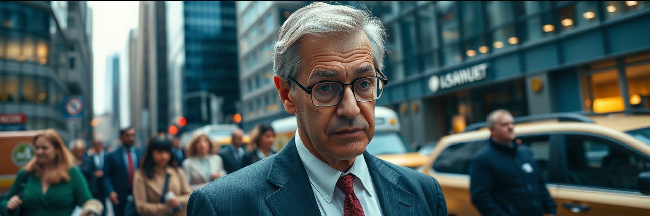 Anxious man seeks urgent glasses replacement on busy city street.