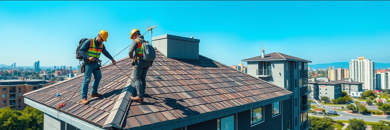 Professional roofers conducting strata roofing maintenance on apartment building.