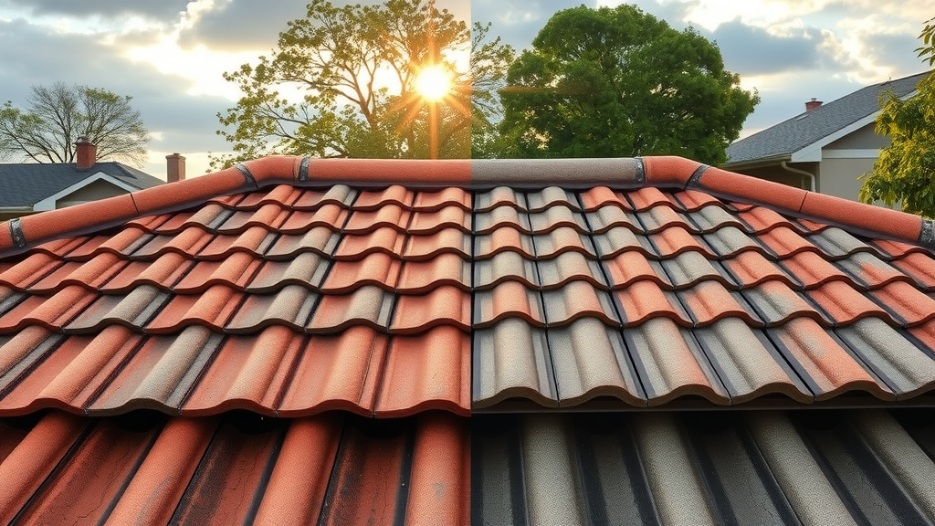 Before and after image of ridge cap repointing for roof leak prevention