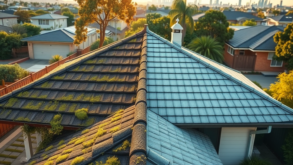 Half restored Perth roof showing before and after, vivid roof restoration Perth image