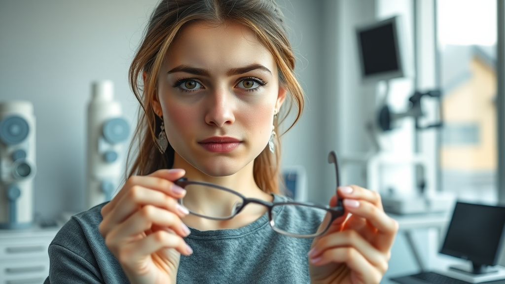 Worried woman holding broken glasses at optometrist for urgent glasses replacement