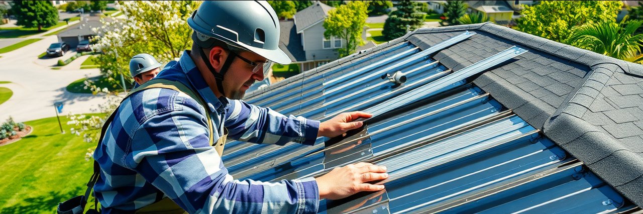 Professional metal roof installation in progress on suburban home roof under bright sunlight